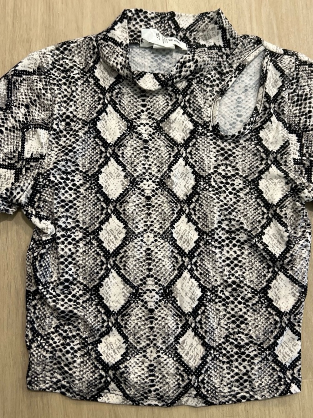 Caution To The Wind Black & White Snake-Print Mock Neck Short Sleeve Top